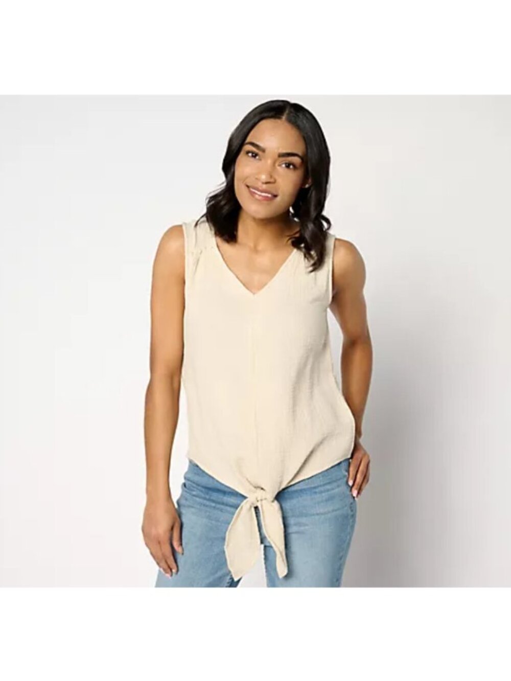 Belle by Kim Gravel Beach Tank Top L Cotton Gauze Tie-Front Ruffle Trim A647285